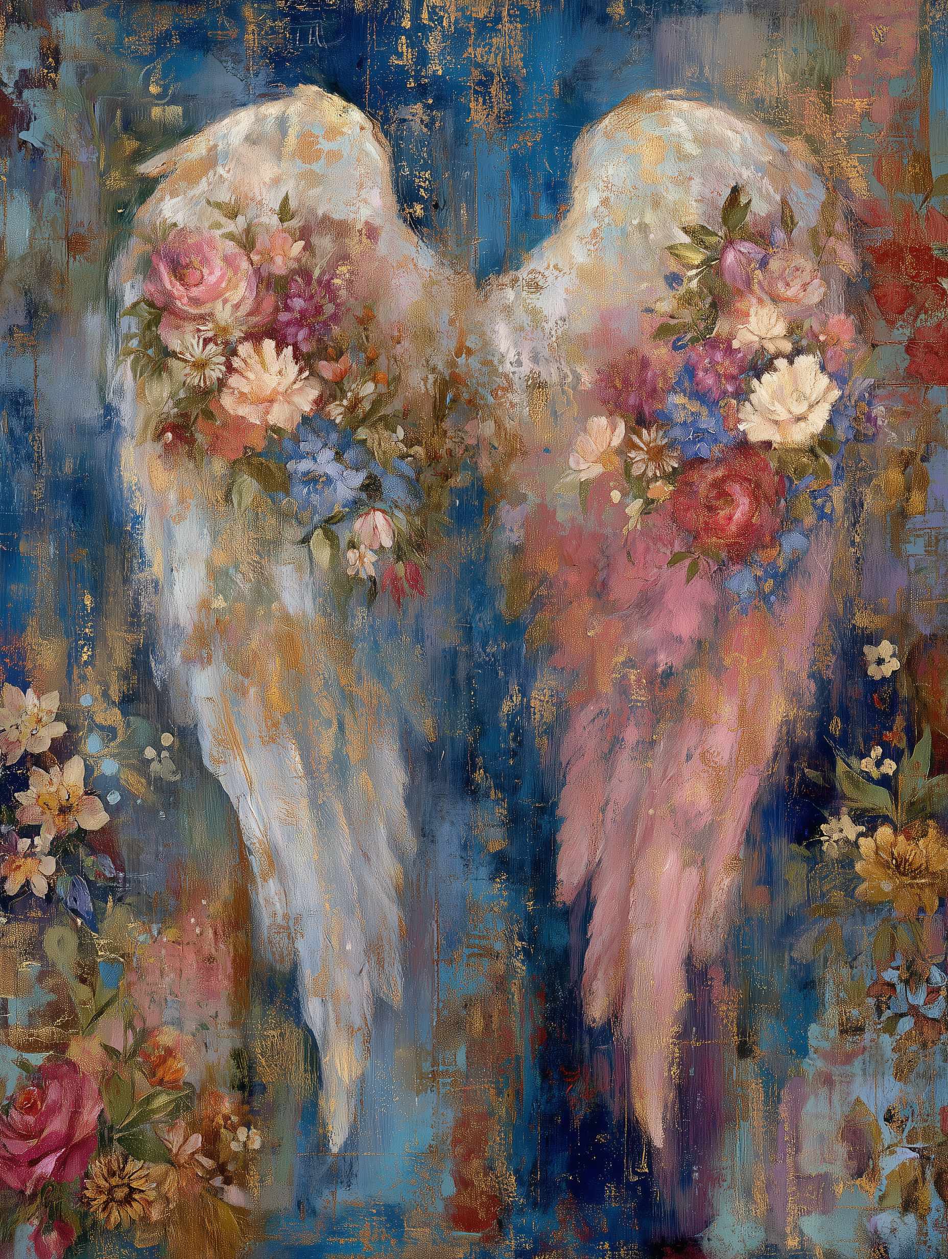 Painting of angel wings with flowers against a blue background