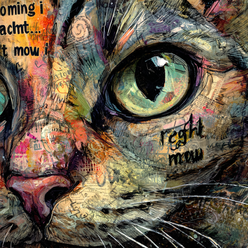 Artistic mixed media illustration of a cat with text elements